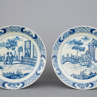 A fine pair of Dutch Delft blue and white plates, 18th C.